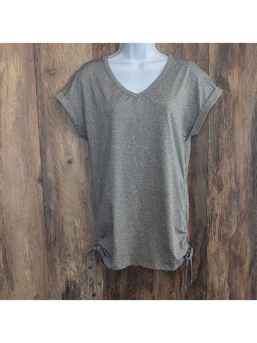 SHEIN Soft Stretch Adjustable Gray Short Sleeve V Neck Tee S        715T